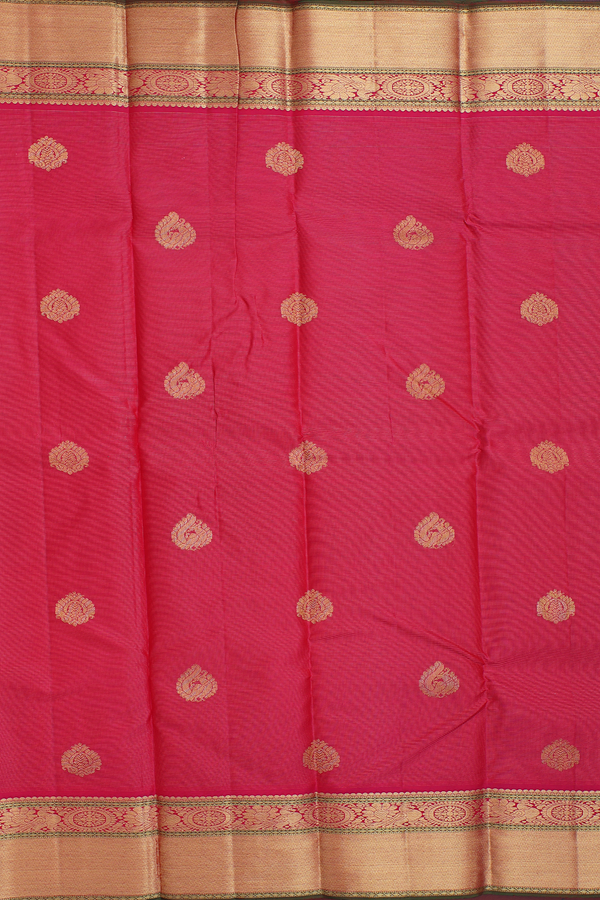 Kanchipuram Silk Saree In Rani Pink Along Stripes With Buttas