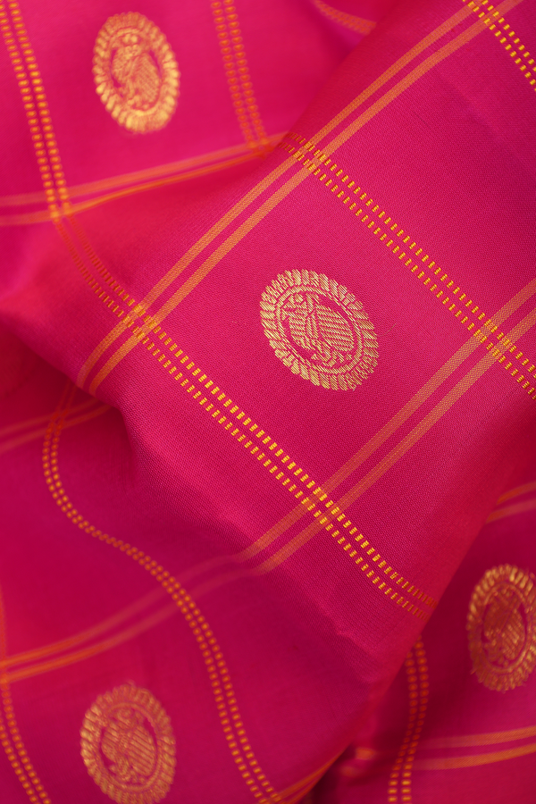 Kanchipuram Silk Saree In Rani Pink Checks Along With Buttas