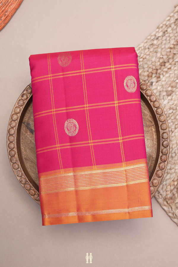 Kanchipuram Silk Saree In Rani Pink Checks Along With Buttas