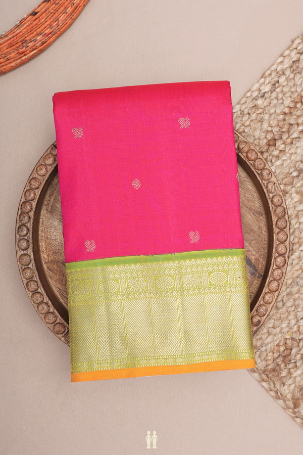 Kanchipuram Silk Saree In Rani Pink Peacock Buttas