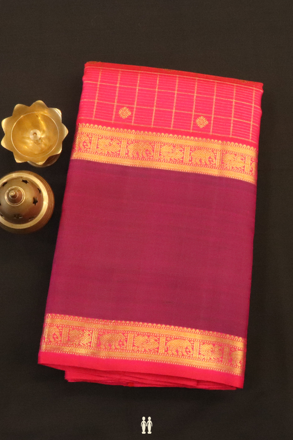 Kanchipuram Silk Saree In Rani Pink With Checks Along Buttas