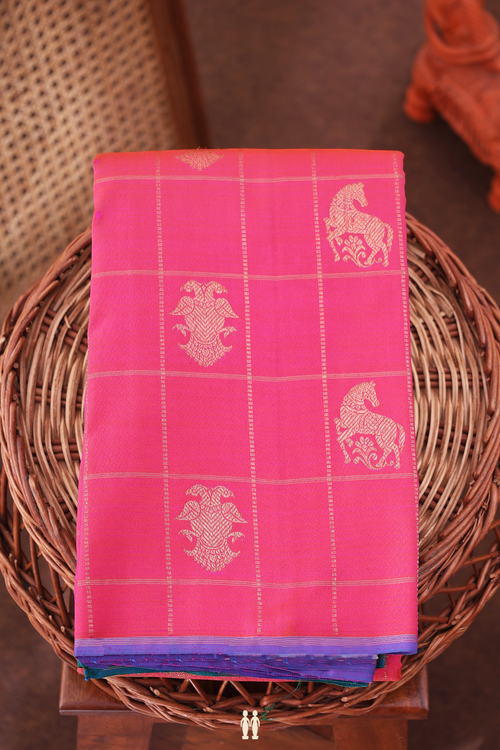 Kanchipuram Silk Saree In Rani Pink With Checks Design