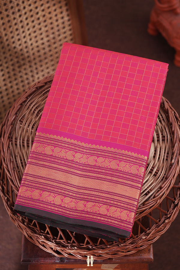 Kanchipuram Silk Saree In Rani Pink With Checks Design
