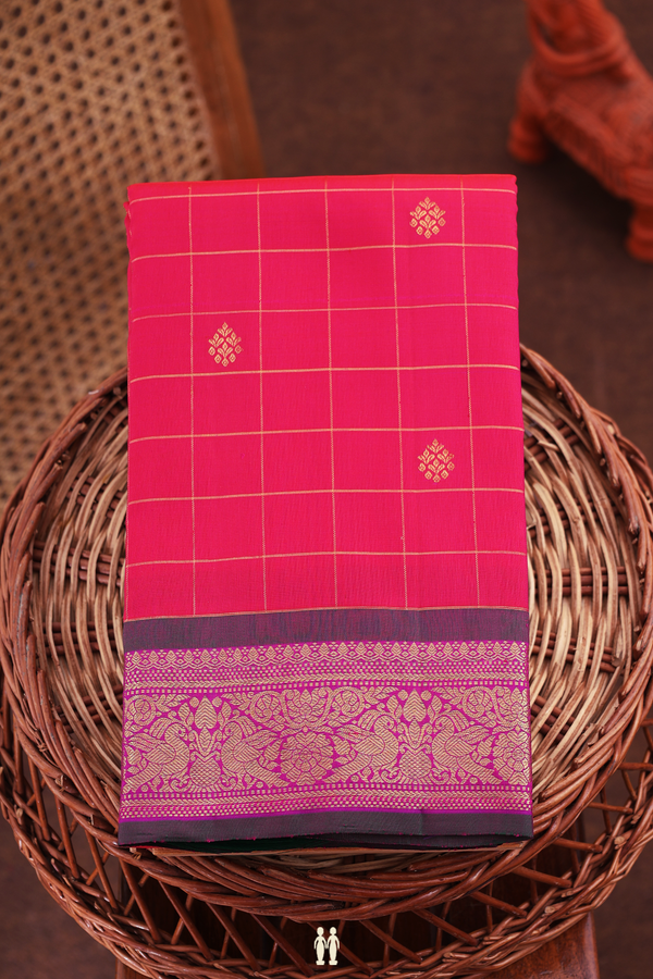 Kanchipuram Silk Saree In Rani Pink With Checks Design