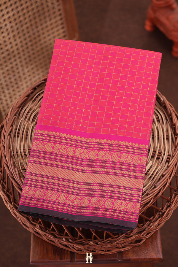Kanchipuram Silk Saree In Rani Pink With Checks Design