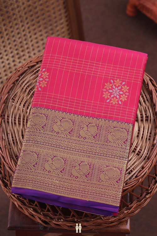 Kanchipuram Silk Saree In Rani Pink With Checks Design
