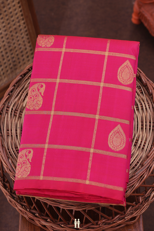 Kanchipuram Silk Saree In Rani Pink With Checks Design