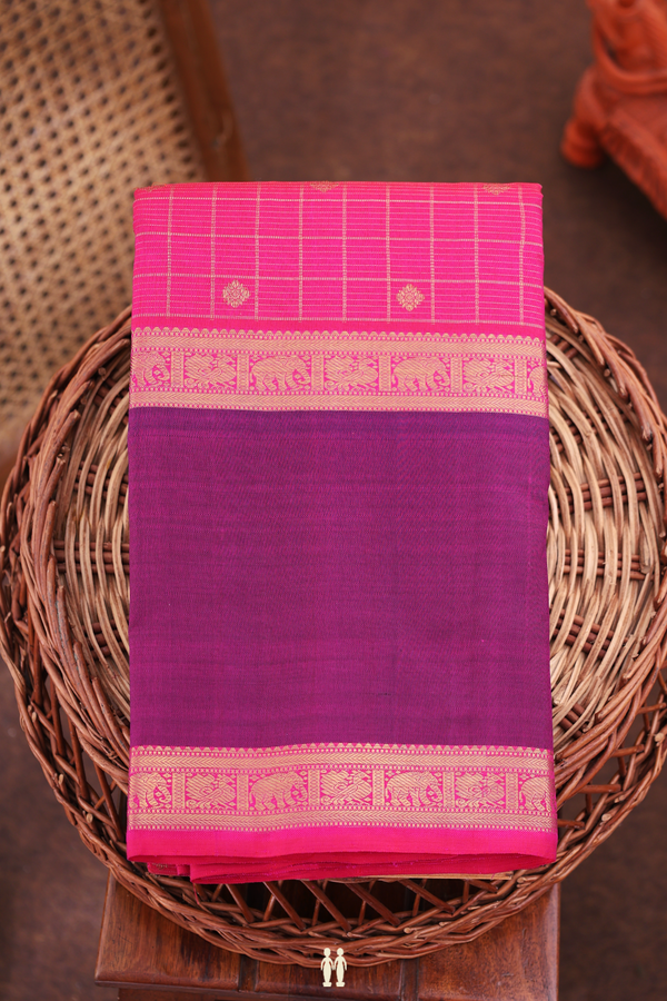 Kanchipuram Silk Saree In Rani Pink With Checks Design