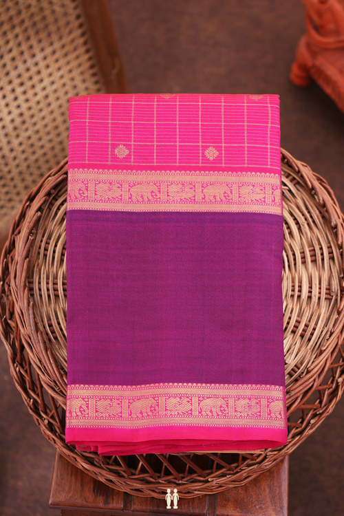 Kanchipuram Silk Saree In Rani Pink With Checks Design