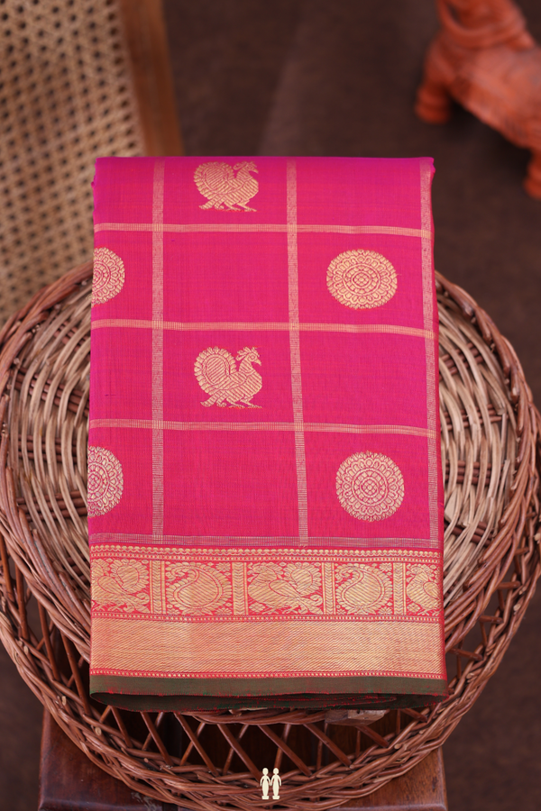 Kanchipuram Silk Saree In Rani Pink With Checks Design