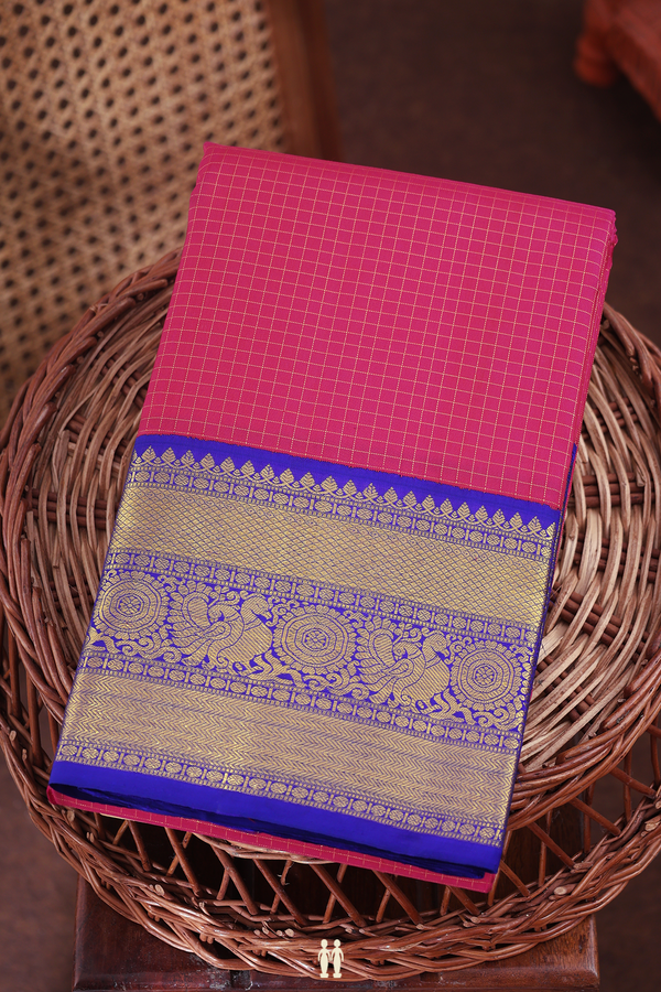 Kanchipuram Silk Saree In Rani Pink With Checks Design
