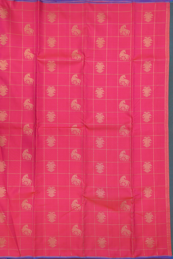 Kanchipuram Silk Saree In Rani Pink With Checks Design
