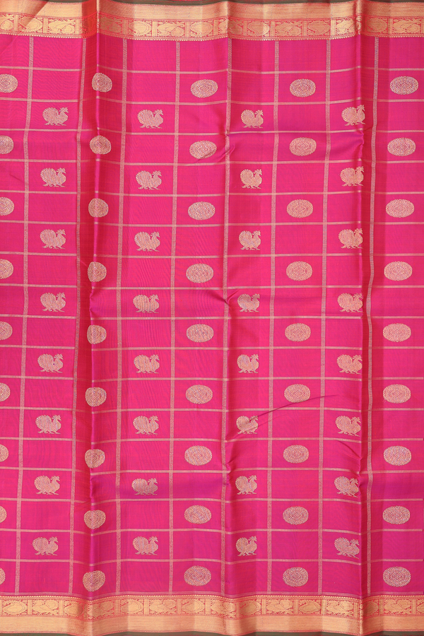 Kanchipuram Silk Saree In Rani Pink With Checks Design