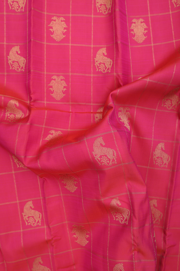 Kanchipuram Silk Saree In Rani Pink With Checks Design