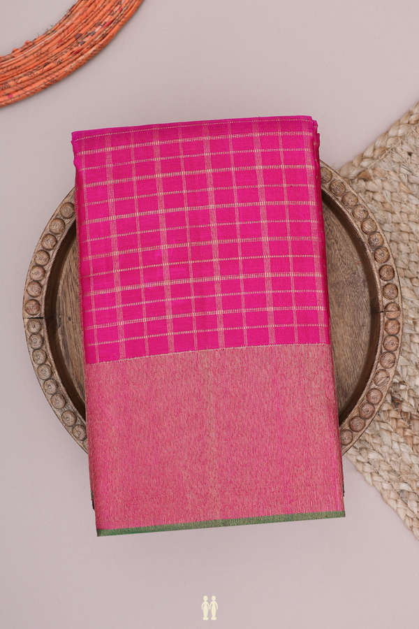 Kanchipuram Silk Saree In Rani Pink With Checks Design