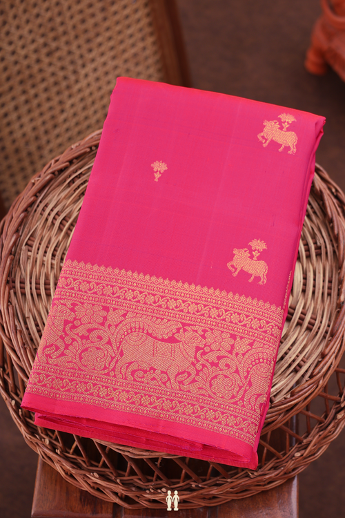 Kanchipuram Silk Saree In Rani Pink With Cow Buttas