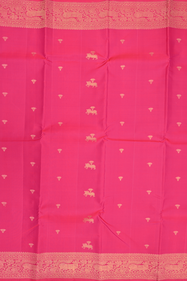 Kanchipuram Silk Saree In Rani Pink With Cow Buttas