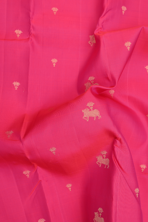 Kanchipuram Silk Saree In Rani Pink With Cow Buttas