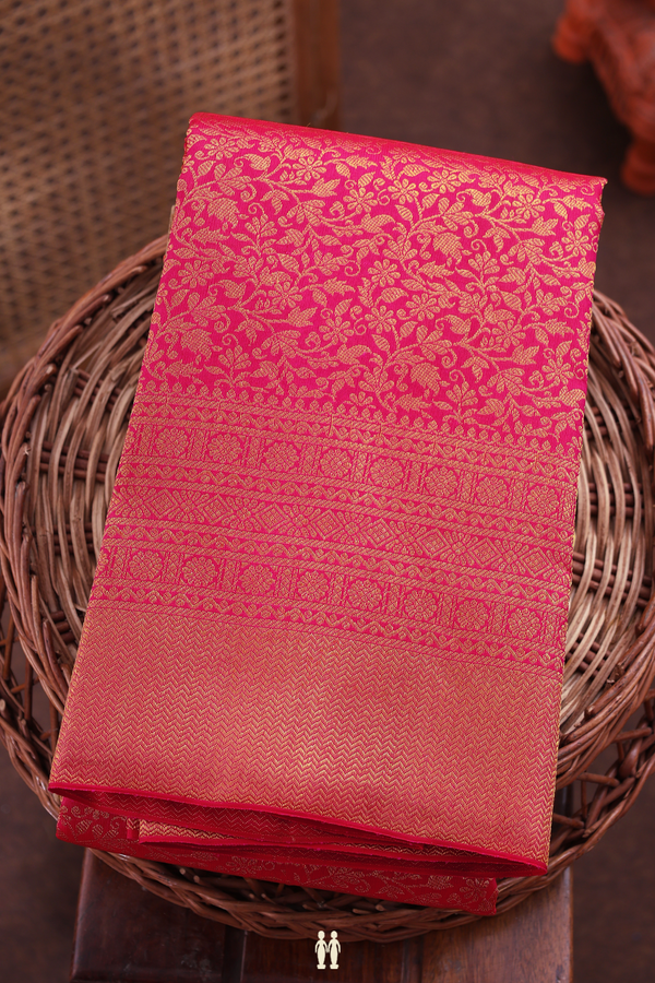 Kanchipuram Silk Saree In Rani Pink With Floral Design