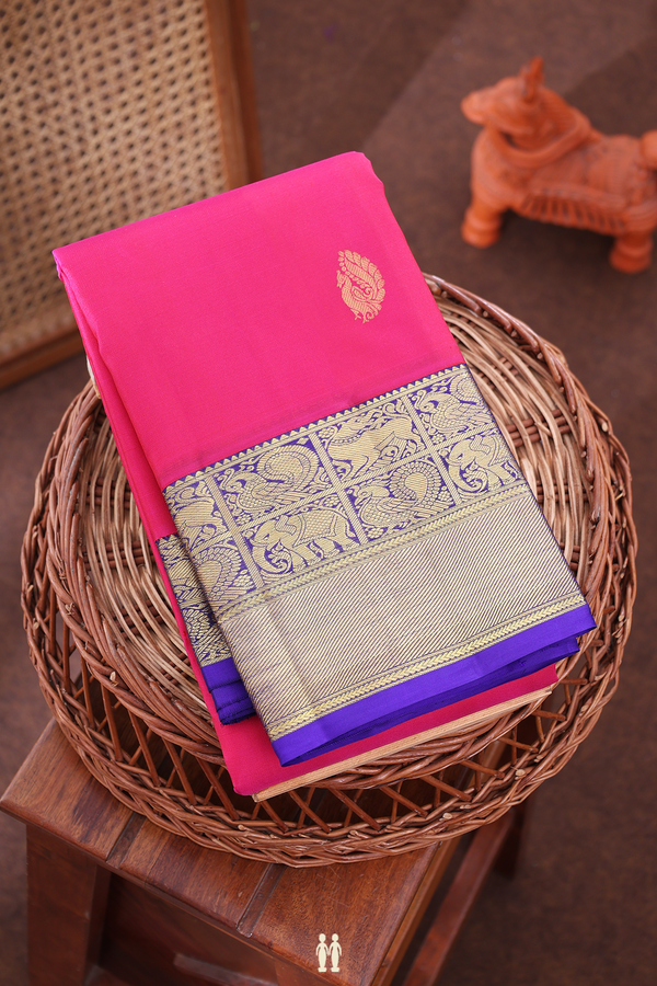 Kanchipuram Silk Saree In Rani Pink With Peacock Buttas