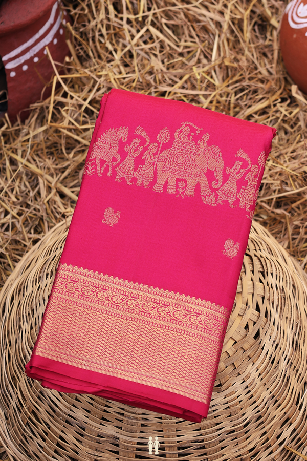 Kanchipuram Silk Saree In Rani Pink With Peacock Buttas