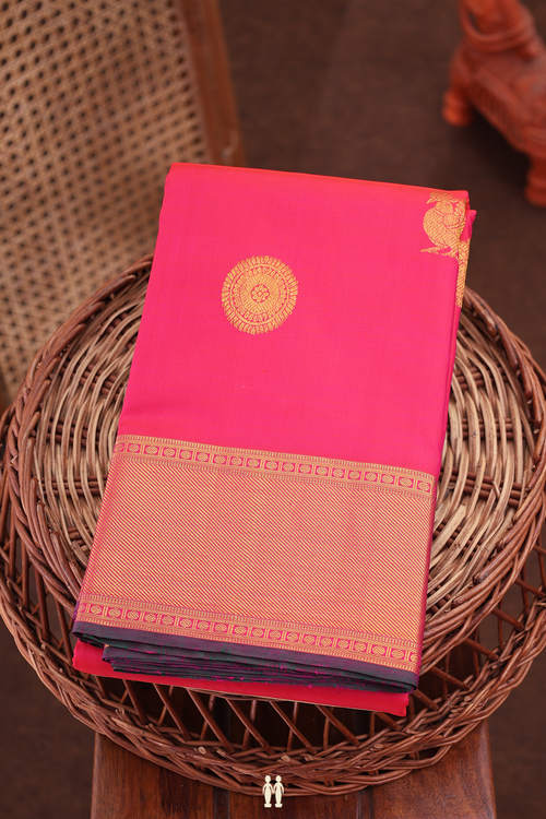 Kanchipuram Silk Saree In Rani Pink With Peacock Buttas