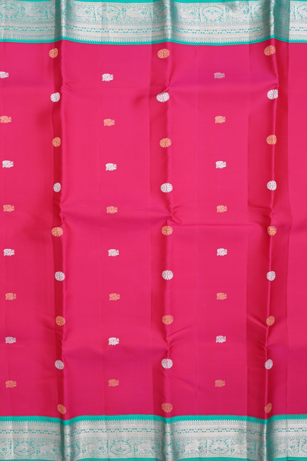 Kanchipuram Silk Saree In Rani Pink With Peacock Buttas