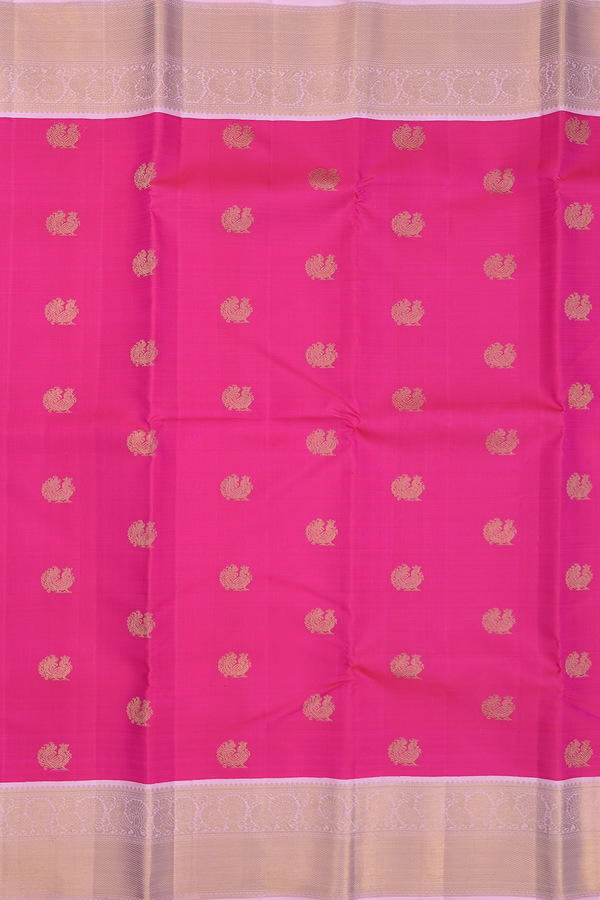 Kanchipuram Silk Saree In Rani Pink With Peacock Buttas