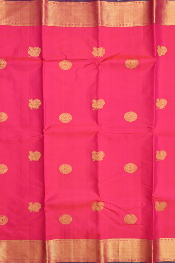 Kanchipuram Silk Saree In Rani Pink With Peacock Buttas