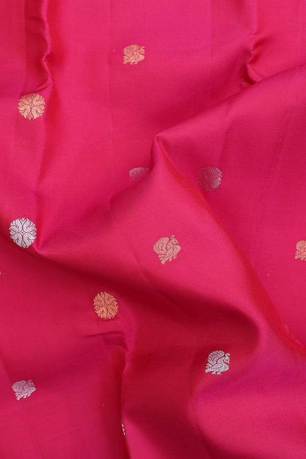 Kanchipuram Silk Saree In Rani Pink With Peacock Buttas