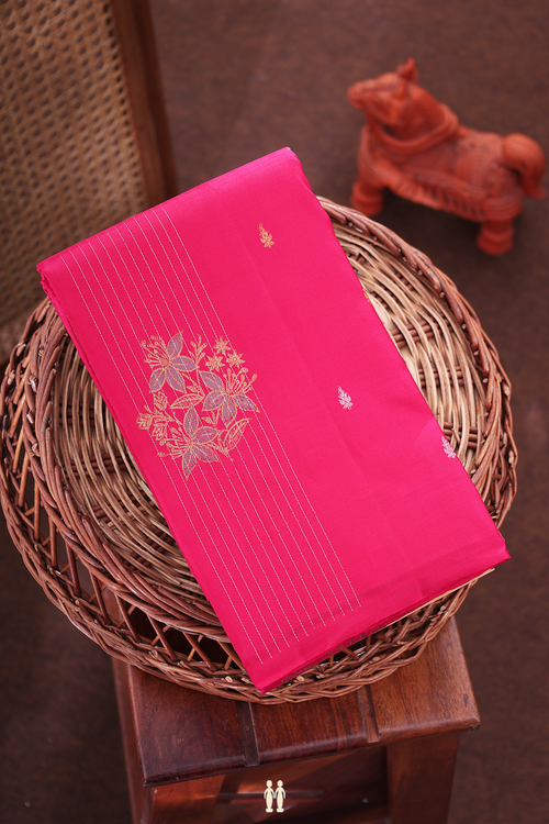 Kanchipuram Silk Saree In Rani Pink With Stripes Design