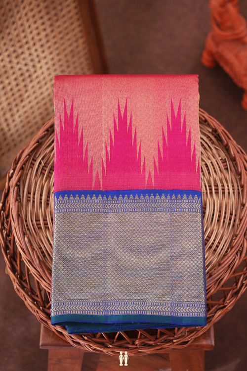 Kanchipuram Silk Saree In Rani Pink With Temple Design