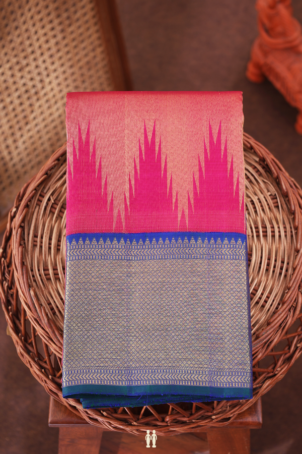 Kanchipuram Silk Saree In Rani Pink With Temple Design
