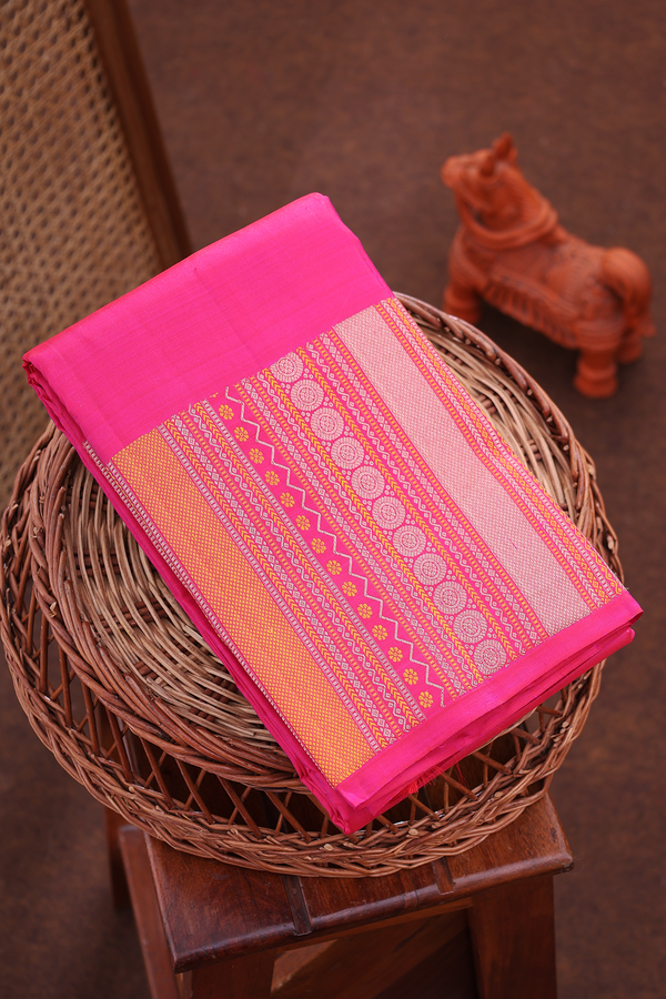 Kanchipuram Silk Saree In Rani Pink With Threadwork Border