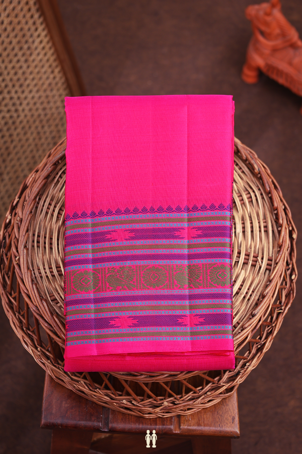 Kanchipuram Silk Saree In Rani Pink With Threadwork Border