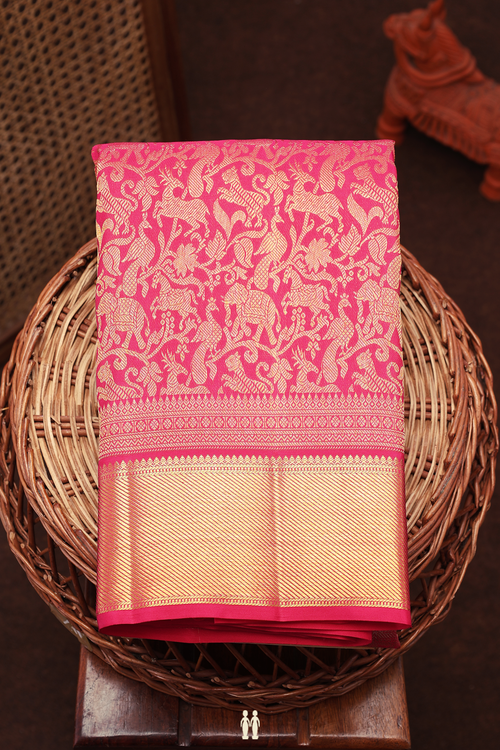 Kanchipuram Silk Saree In Rani Pink With Vanasingaram Design