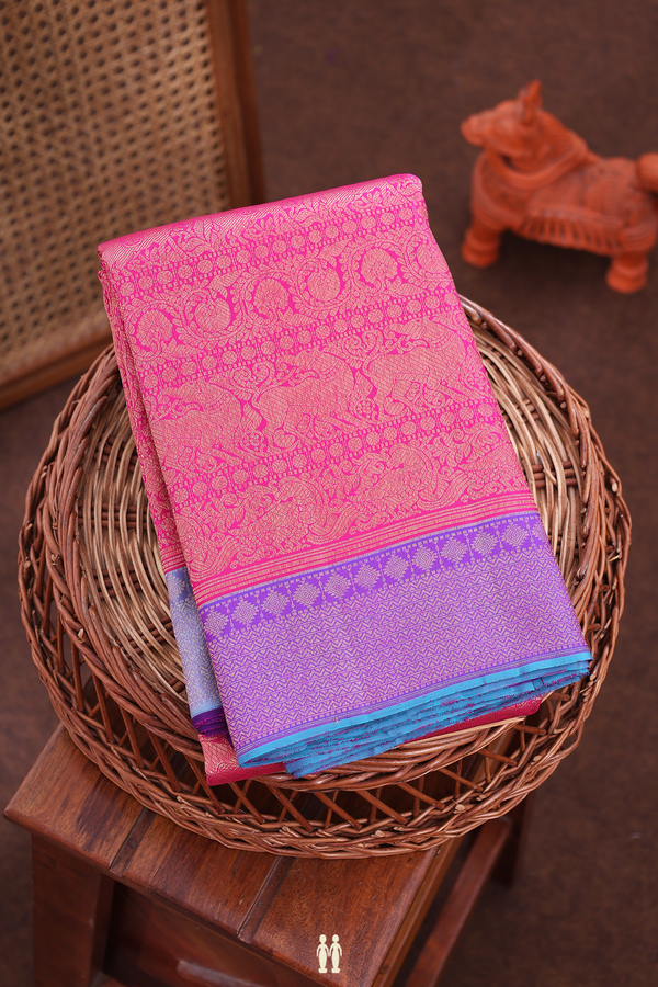 Kanchipuram Silk Saree In Rani Pink With Yali Design