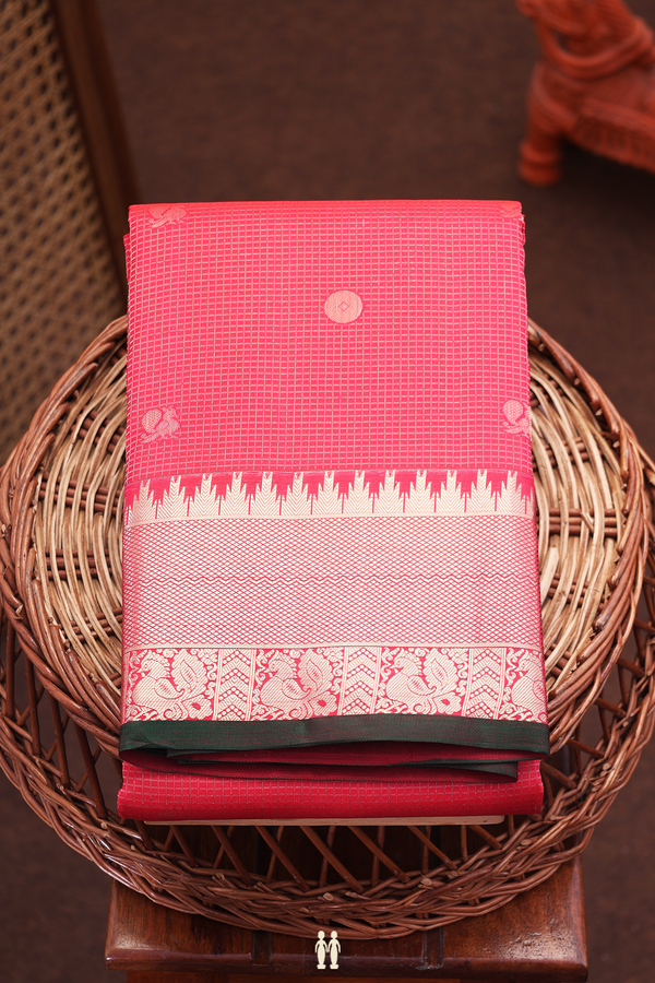 Kanchipuram Silk Saree In Red Along Checks With Buttas