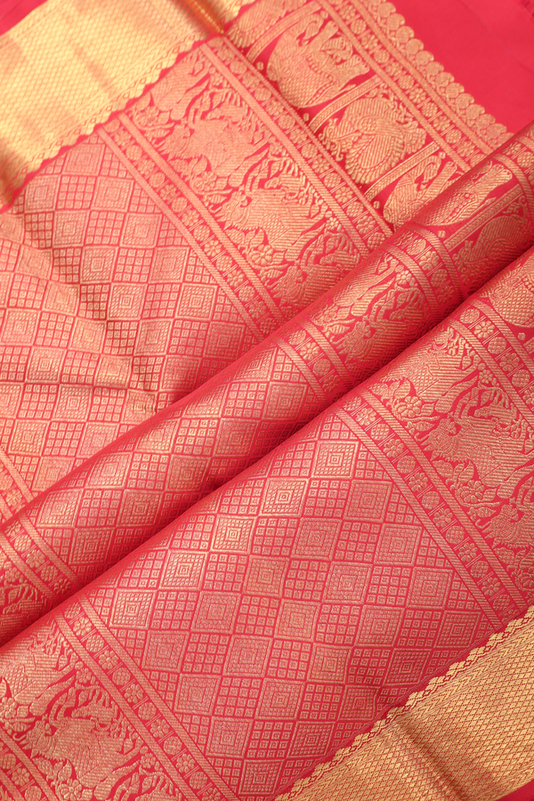 Kanchipuram Silk Saree In Red Along Checks With Buttas
