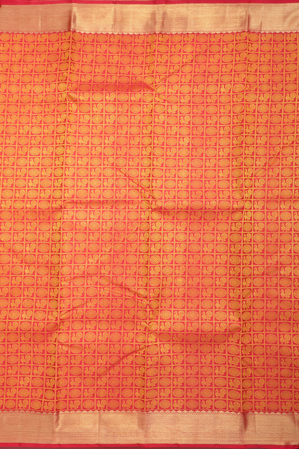 Kanchipuram Silk Saree In Red Along Checks With Buttas
