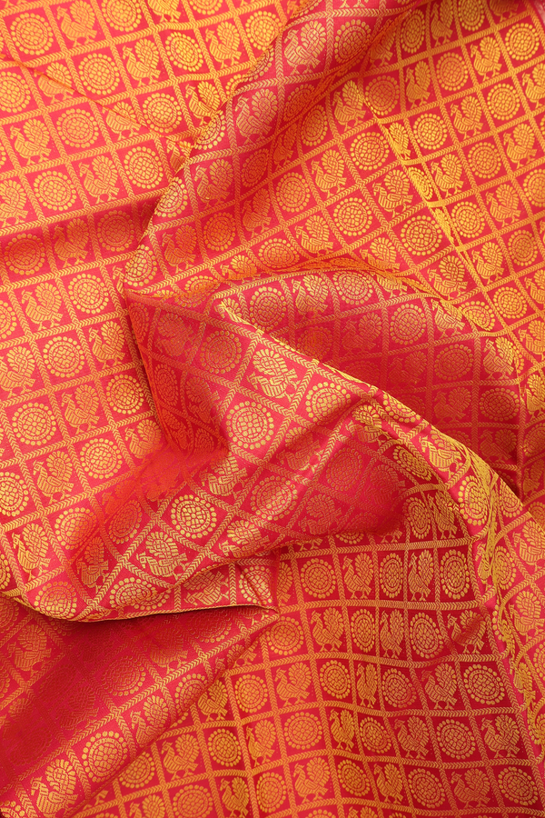 Kanchipuram Silk Saree In Red Along Checks With Buttas