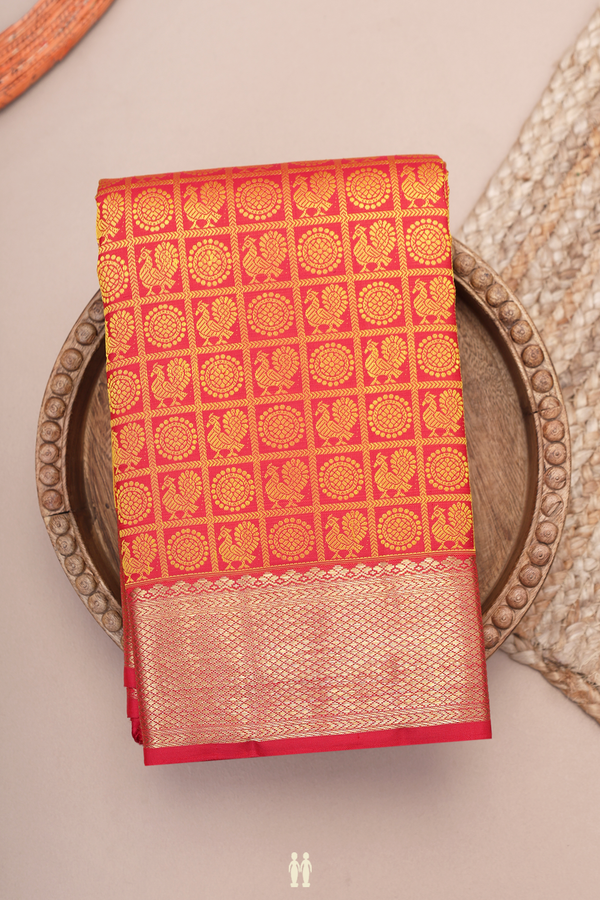 Kanchipuram Silk Saree In Red Along Checks With Buttas