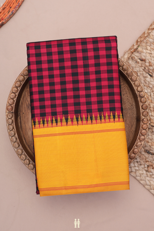 Kanchipuram Silk Saree In Red And Black With Checks Design