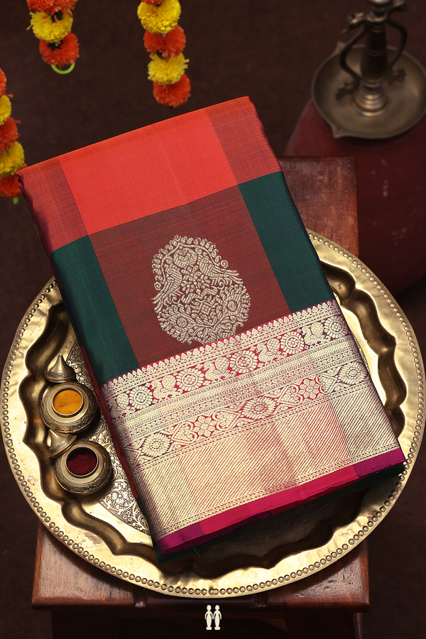 Kanchipuram Silk Saree In Red And Green With Checks Design