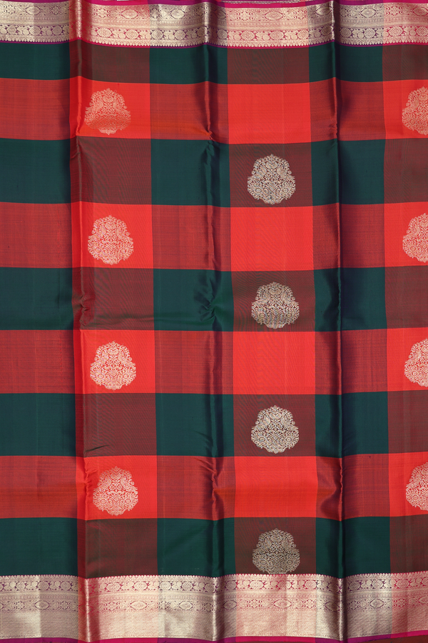 Kanchipuram Silk Saree In Red And Green With Checks Design