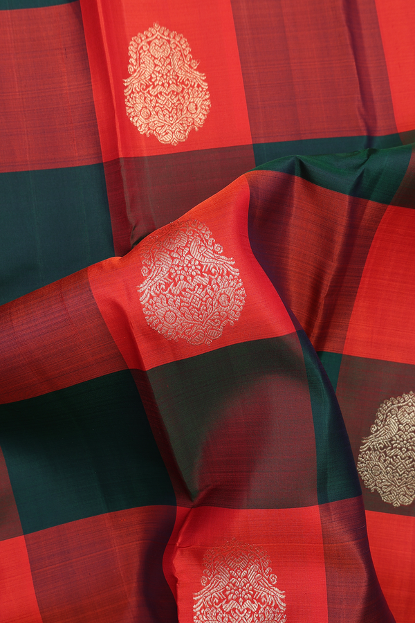 Kanchipuram Silk Saree In Red And Green With Checks Design