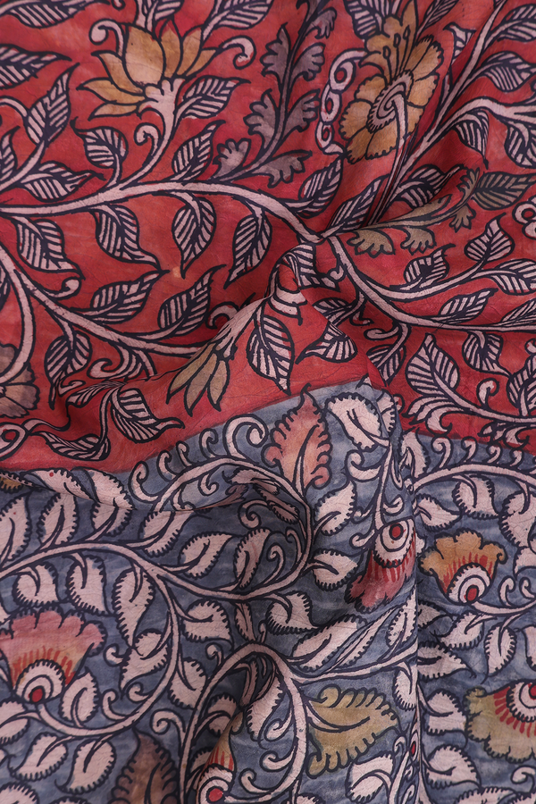 Kanchipuram Silk Saree In Red And Grey With Half And Half