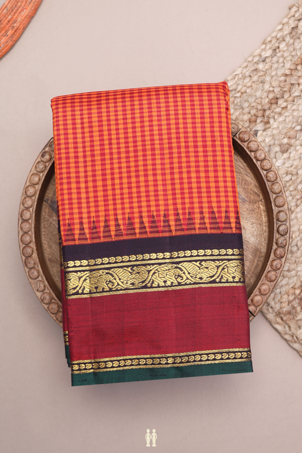Kanchipuram Silk Saree In Red And Orange With Checks Design