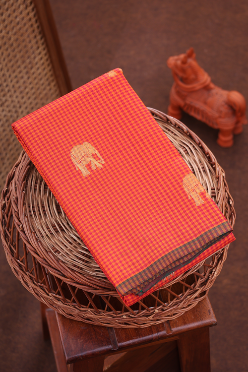 Kanchipuram Silk Saree Red And Orange Along Checks With Buttas