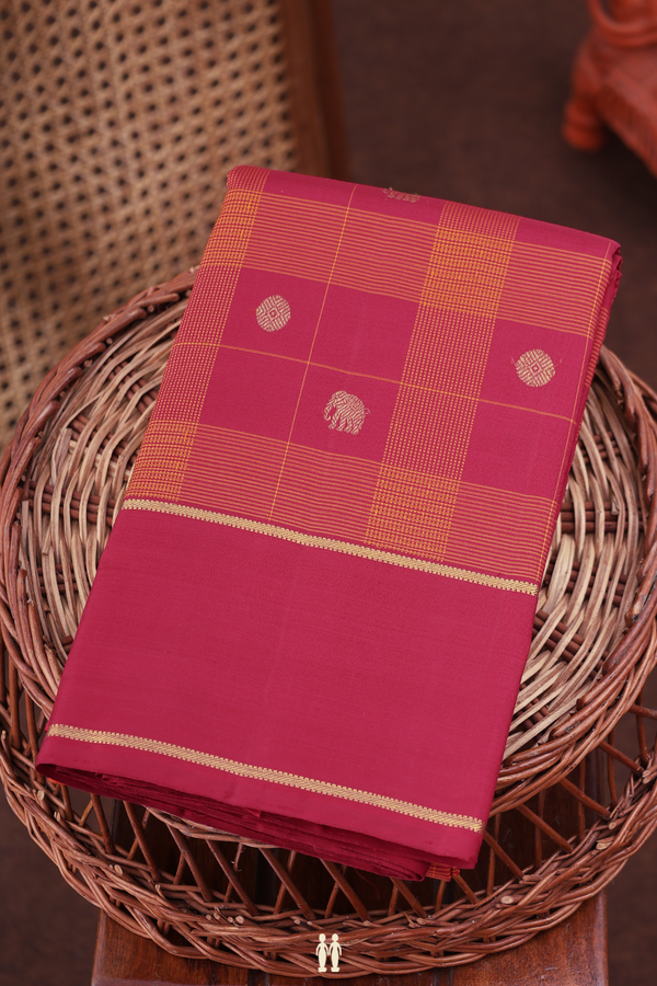 Kanchipuram Silk Saree In Red And Orange With Checks Design